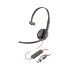 Elevate Technology single-ear, black and red Poly Blackwire 3210 corded headset with an adjustable microphone boom, in-line controls, and a USB connector.