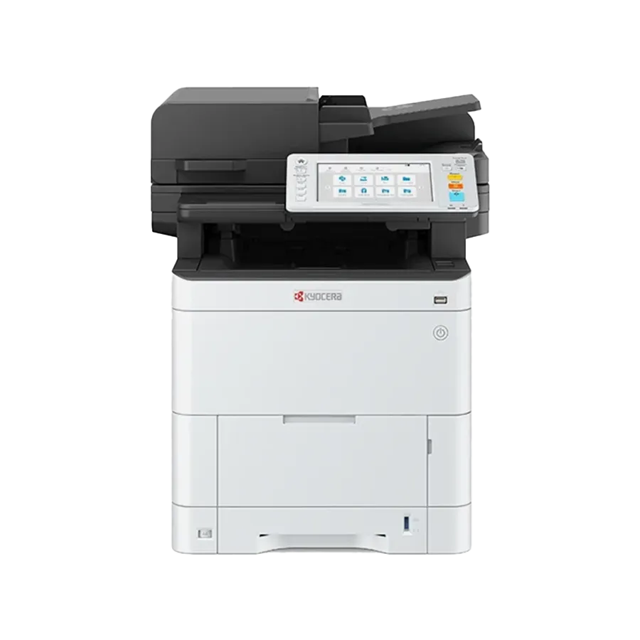 A front view of the Kyocera ECOSYS MA3500cifx. This quality all in one office printer is a top rated home office printer and the best printer for small business, featuring a prominent color touchscreen and a multi-function design.