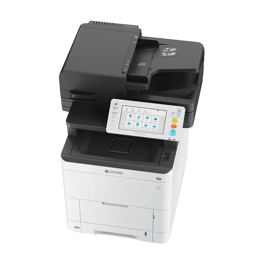 A large, white Kyocera ECOSYS printer with a black top and a white touchscreen display, shown at a three-quarter angle.