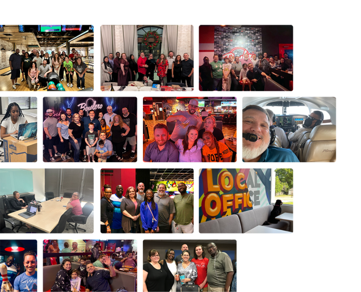 Collage of photos showing the Elevate Technology team engaging in various team-building and social events, including bowling, office gatherings, and outings, highlighting a strong company culture.