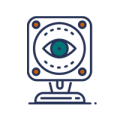 Elevate Technology icon graphic for Security Cameras, featuring a stylized square security camera with a prominent eye in the lens, symbolizing surveillance.