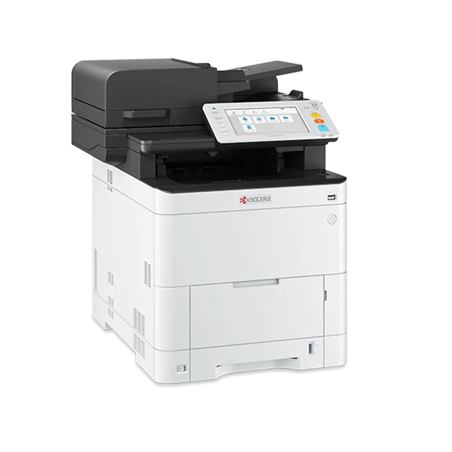 A comprehensive view of the ECOSYS MA4000cifx color laser multi-function printer, featuring a tablet-like 7-inch touch panel and integrated Elevate Technology.