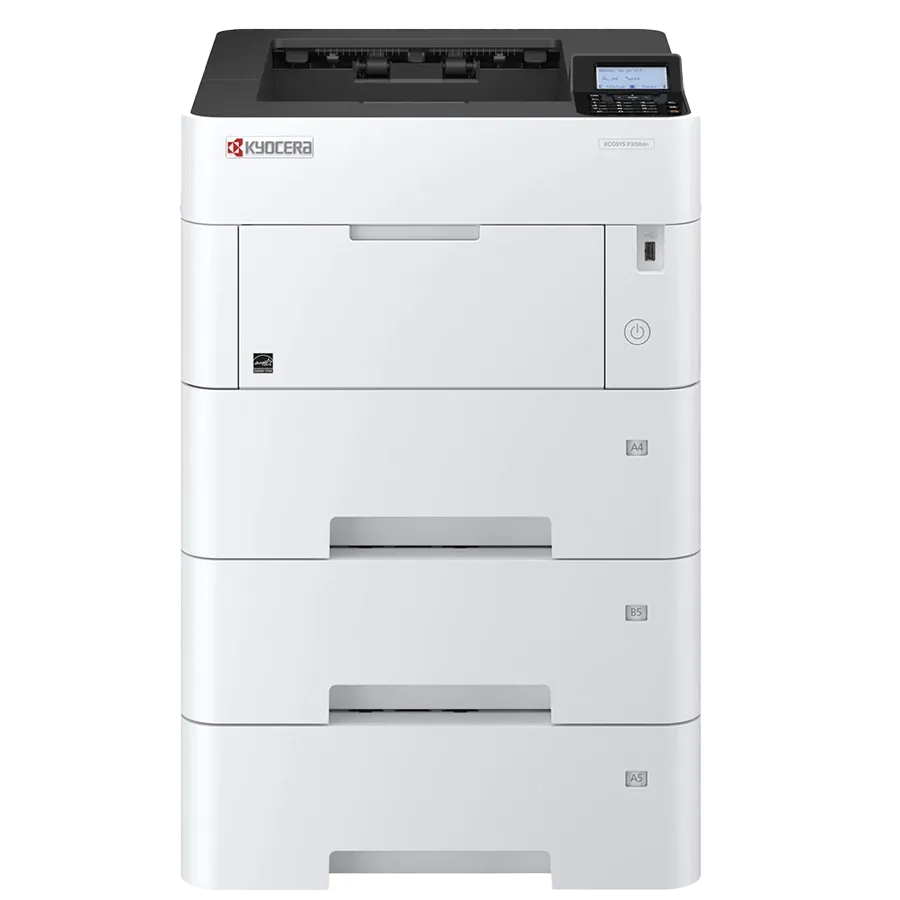 A large, multi-tray Top-rated Kyocera ECOSYS printer, model MA4500ix, is shown from a front-facing angle against a light gray background. The printer is a tall, white unit with a black scanner on top and multiple paper trays.