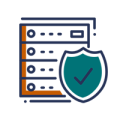 Elevate Technology icon graphic for Hardware Solutions, featuring a server rack with a shield icon and a checkmark, symbolizing secure and reliable hardware.