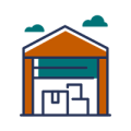 Elevate Technology icon graphic for Low-voltage Wiring, featuring a warehouse or storage building with an open bay door showing boxes inside.