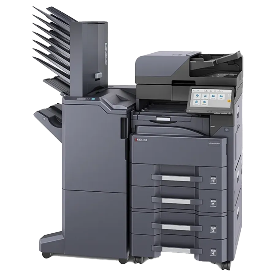 A professional product shot of the Kyocera ECOSYS MA4500ifx. This quality all in one office printer is a best printer for small business, featuring a 7-inch color touchscreen and a compact multi-function design.