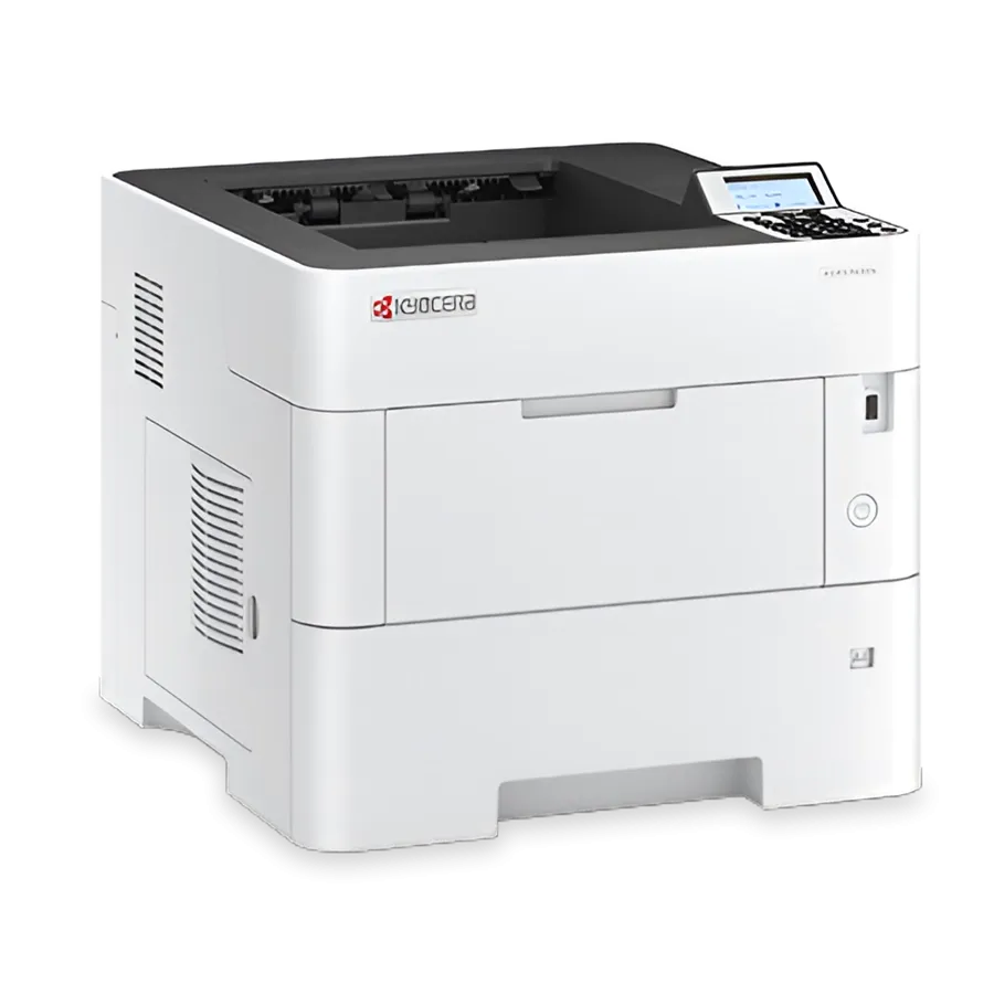 A professional product shot of the Kyocera ECOSYS M5526cdw. This all in one office printer and best printer for small business features a multi-function design and a color display panel.