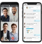 Smartphones showing video conferencing and business messaging features from Elevate Technology’s unified communication platform.