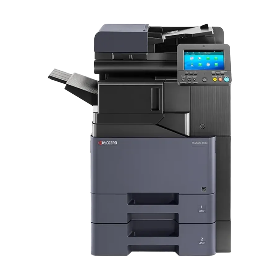  A professional product shot of the Kyocera TA2554ci. This quality all in one office printer is one of the best printers for a demanding small business, shown with a multi-tiered paper output tray for sorting.