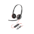 Elevate Technology Poly Blackwire 3220 corded headset with dual earcups, a boom microphone, in-line controls, and a USB connector.