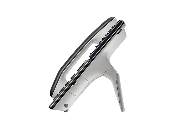 Side-profile view of the Polycom E550 IP Phone showcasing its modern, ergonomic stand and the angle of the handset, highlighting its sleek design.