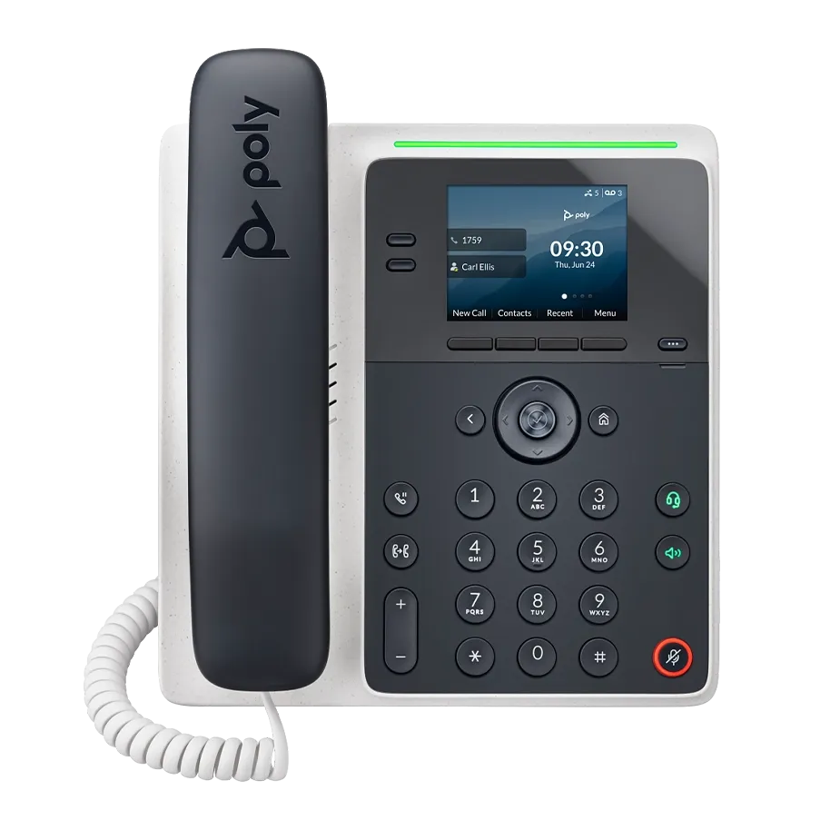 Polycom E100 VoIP desk phone featuring a 2.8-inch color IPS LCD, Dual GigE Ethernet ports with PoE, and integrated Microban® antimicrobial protection.