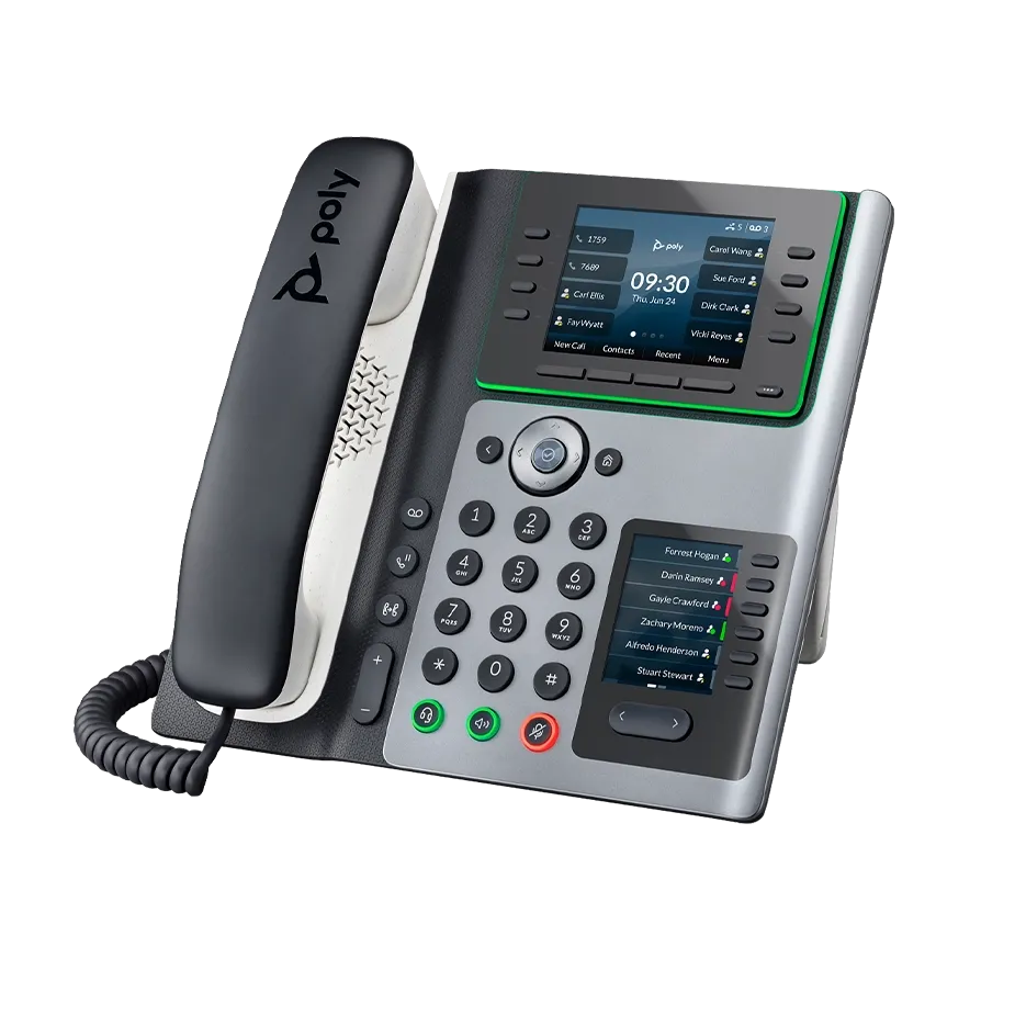 Polycom E450 desk phone with a color display, black handset, and keypad, featuring Elevate Technology and Elevation Technology.