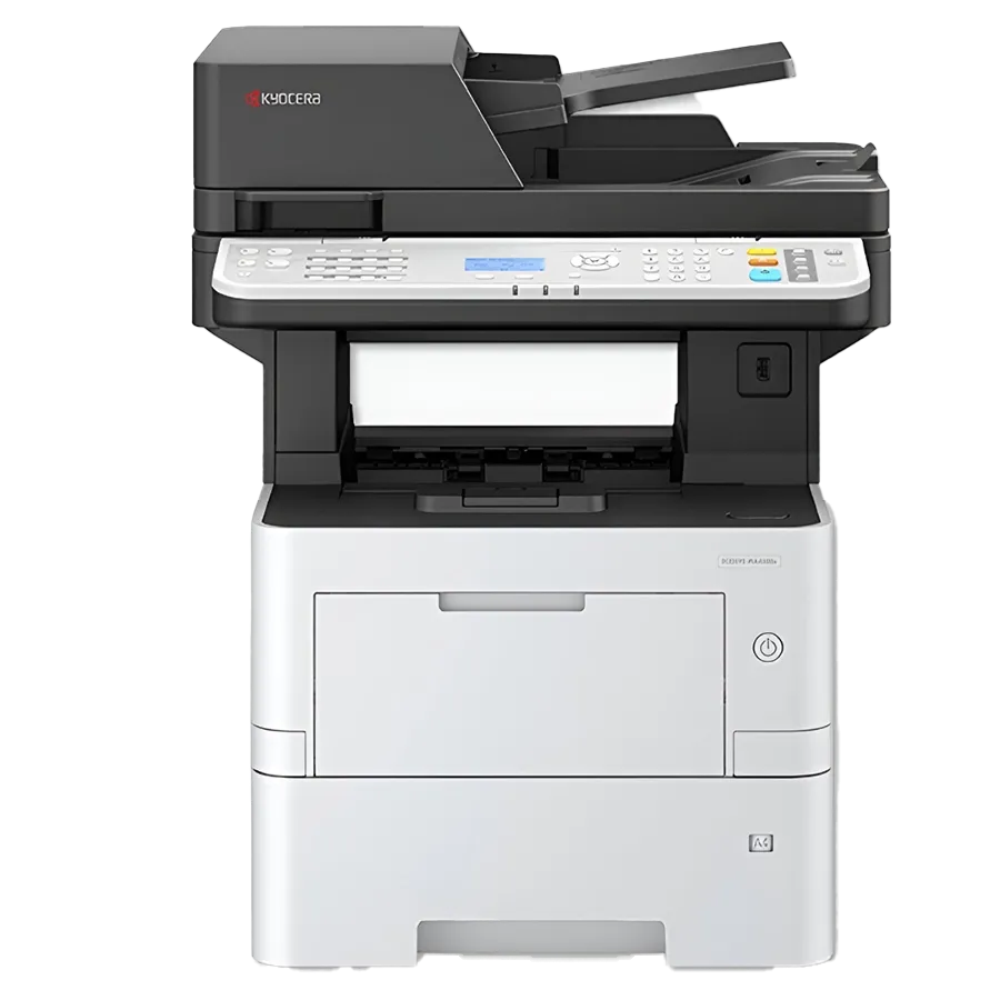 A professional image of the Kyocera ECOSYS MA3500cifx. This quality all in one office printer is a top rated home office printer and the best printer for small business, featuring a prominent color touchscreen.