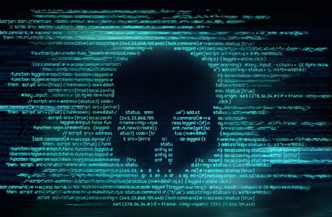 Elevate Technology abstract image showing a digital skull and crossbones made of computer code, symbolizing cybersecurity threats and hacking.