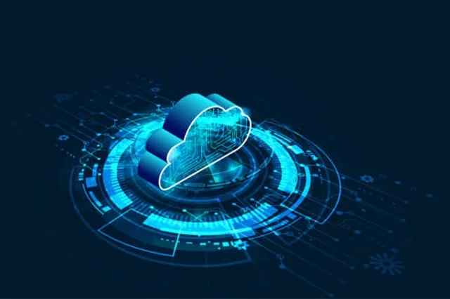 Digital illustration of cloud technology and data processing. 