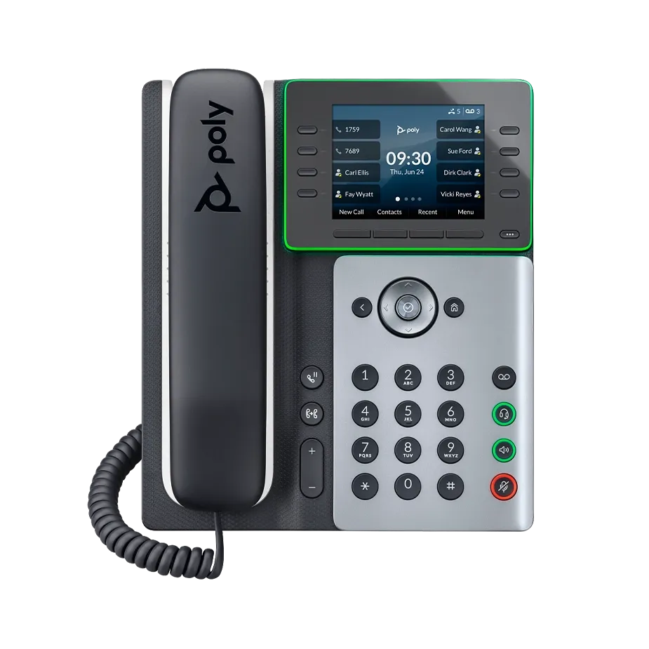 A Poly modern VoIP desk phone, representing the reliable hardware used with Elevation Technology for unified communication solutions.