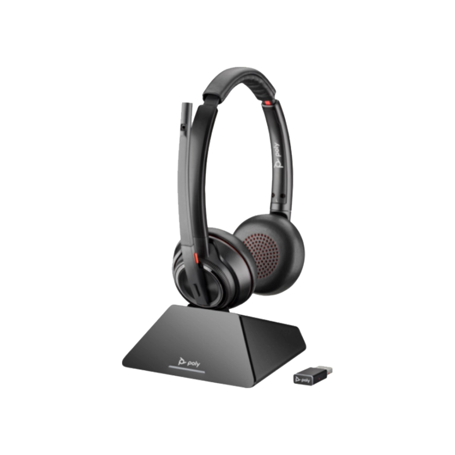 Elevate Technology Poly Savi 8220 UC wireless stereo headset with charging base and USB adapter.