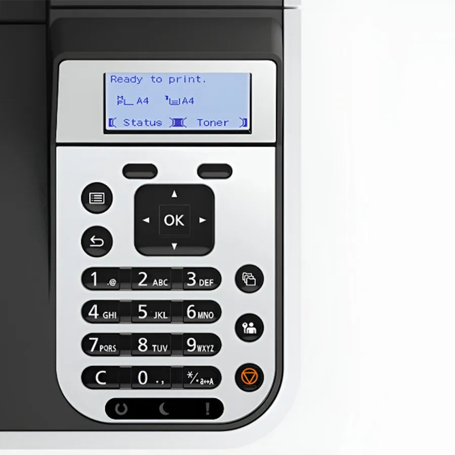 A close-up of a Kyocera printer's control panel, showing the "Ready to print" message.