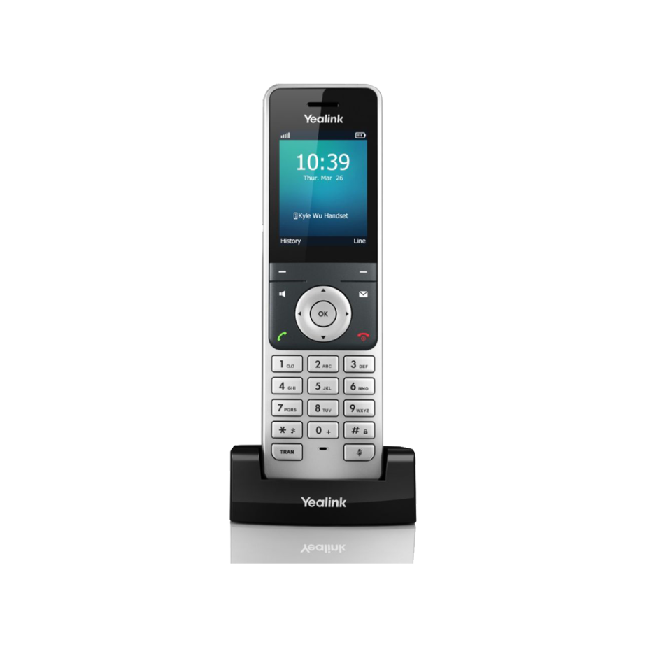 The Yealink WH66, a top rated over ear headphones system with a digital touchscreen base for managing calls and audio settings.