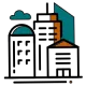 Icon of a cluster of modern buildings representing corporate offices and commercial real estate, highlighting cloud hosting, business email, and cloud email by Elevation Technology.
