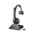 Elevate Technology Poly Savi 8210 wireless headset with a monaural earcup, boom microphone, charging base, and USB adapter.
