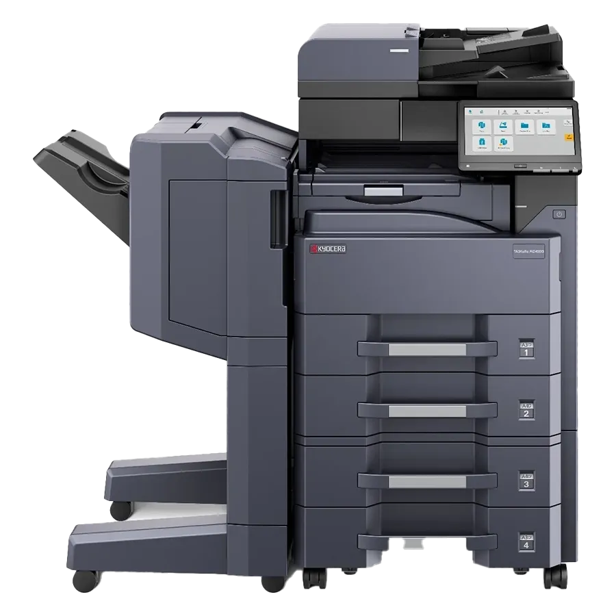 A professional overhead view of a Kyocera all in one office printer. This top rated home office printer highlights its detailed control panel and automatic document feeder, making it ideal for a small business.