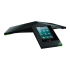 Elevate Technology black Polycom Trio 8800 conference phone from a slight side angle, highlighting its triangular shape and illuminated touchscreen.