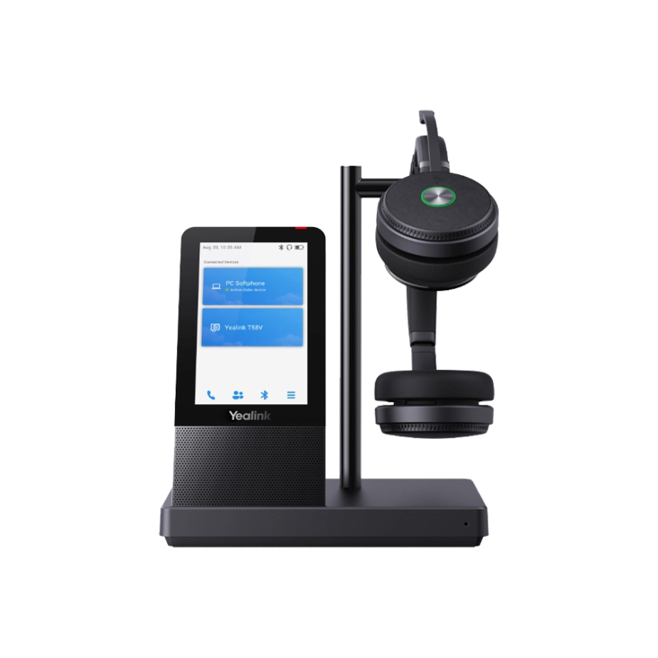 A top rated over ear headphones system, the Yealink WH66, presented on its charging stand with a large display for noise cancelling headphones functionality and controls.