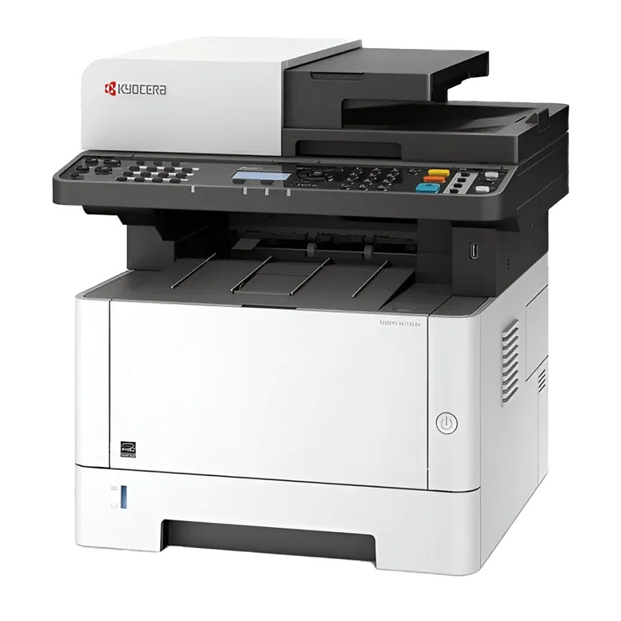 A full-height view of the Kyocera ECOSYS MA3500cifx. This professional all in one office printer is the best printer for small business, shown with multi-tiered paper trays for high-volume use.