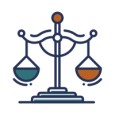 A line art icon of the scales of justice, with one tray colored teal and the other copper. This graphic represents compliance for legal practices and highlights a feature of the Elevate Technology platform.