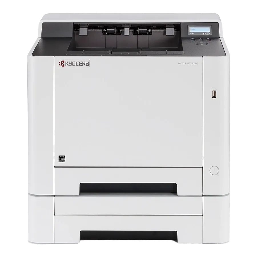 Top-rated Kyocera ECOSYS printer, model P2040dw, with a paper tray and control panel on top. The printer is shown from a front-facing angle.A white Kyocera ECOSYS printer, model P2040dw, with a paper tray and control panel on top. The printer is shown from a front-facing angle.