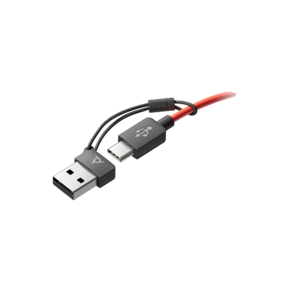 Elevate Technology close-up of a red and black Poly Blackwire 3210 Y-cable with both USB-A and USB-C connectors.