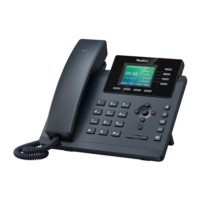 Yealink T34W Desk Phone (front view) with the handset cradled on the base, showing the color LCD screen and keypad, featuring Elevate Technology and Elevation Technology.