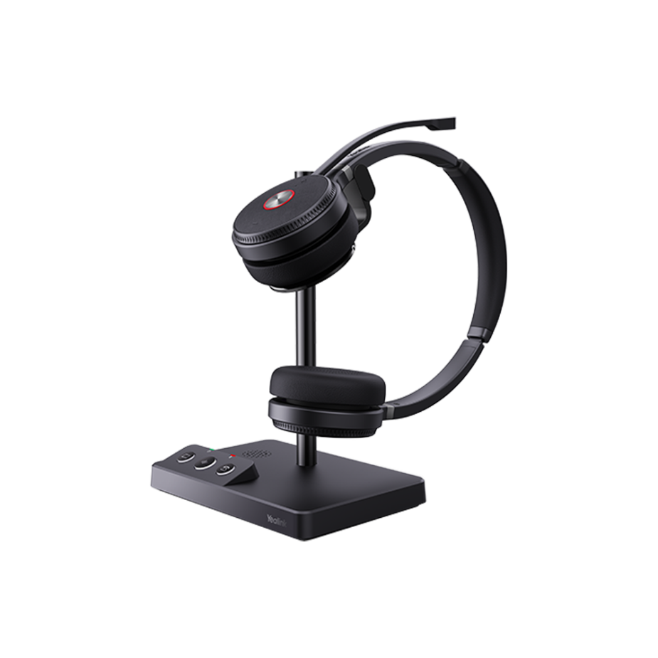 The best headset for office communication, the Yealink WH62, with a noise cancelling headphones feature and a compact charging base.