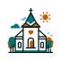 Mobile-friendly icon of a church with a heart and cross, representing specialized cloud hosting, business email, and cloud email for religious organizations by Elevation Technology.