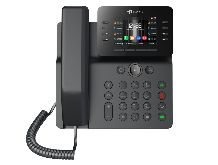 Mobile-friendly black Fanvil V64 IP desk phone with a color display, supporting cloud hosting, business email, and cloud email by Elevation Technology.