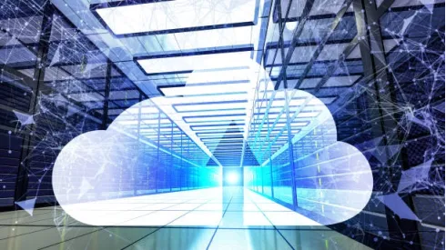 Glowing cloud icon with network mesh over data center servers, powered by Elevate Technology and Elevation Technology for cloud-based phone system scaling, Cloud PBX Phone System, Voicemail-to-email, and Hosted PBX infrastructure.