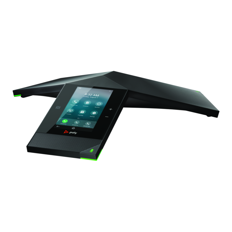 Elevate Technology black Polycom Trio 8800 conference phone with a large touchscreen display and green light indicators.