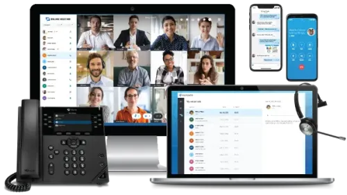 Elevate UC device montage displaying cloud phone and collaboration applications supporting modern business communications.