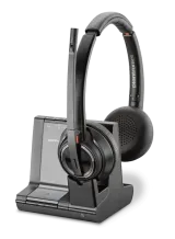 Plantronics Savi 8220 wireless headset with charging base designed for professional business VoIP communications.
