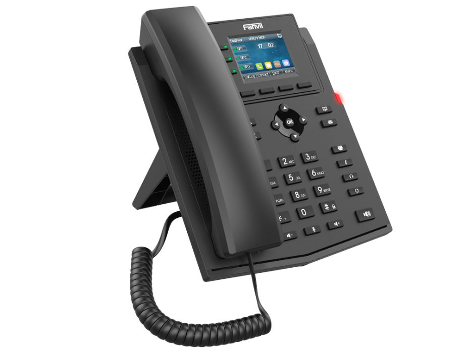 Mobile side angle of a black Fanvil X303W Wi-Fi IP phone on its stand, integrated with cloud hosting, business email, and cloud email by Elevation Technology.