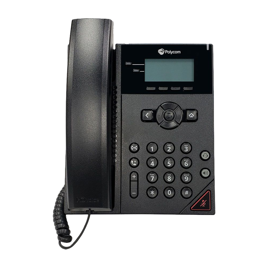 Elevate Technology product page featuring a black Polycom VVX 150 Business IP Desk Phone with its key features and product description listed next to it.