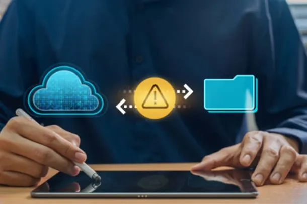Professional mobile visual of an individual using a tablet and stylus to manage data security, cloud hosting, business email, and cloud email by Elevation Technology.