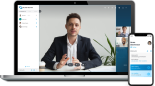 Laptop and smartphone displaying the Elevate online meeting and unified communication platform, highlighting seamless video conferencing and mobile accessibility for modern businesses.