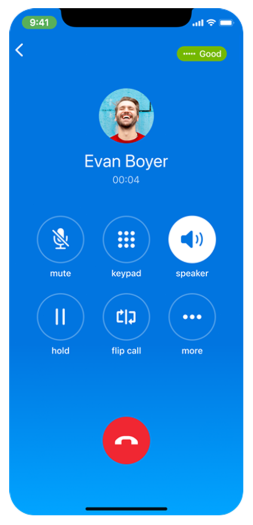 Smartphone screen displaying an active call on the Elevate mobile app, showcasing features like mute, speaker, hold, and flip call for flexible business communication on the go.