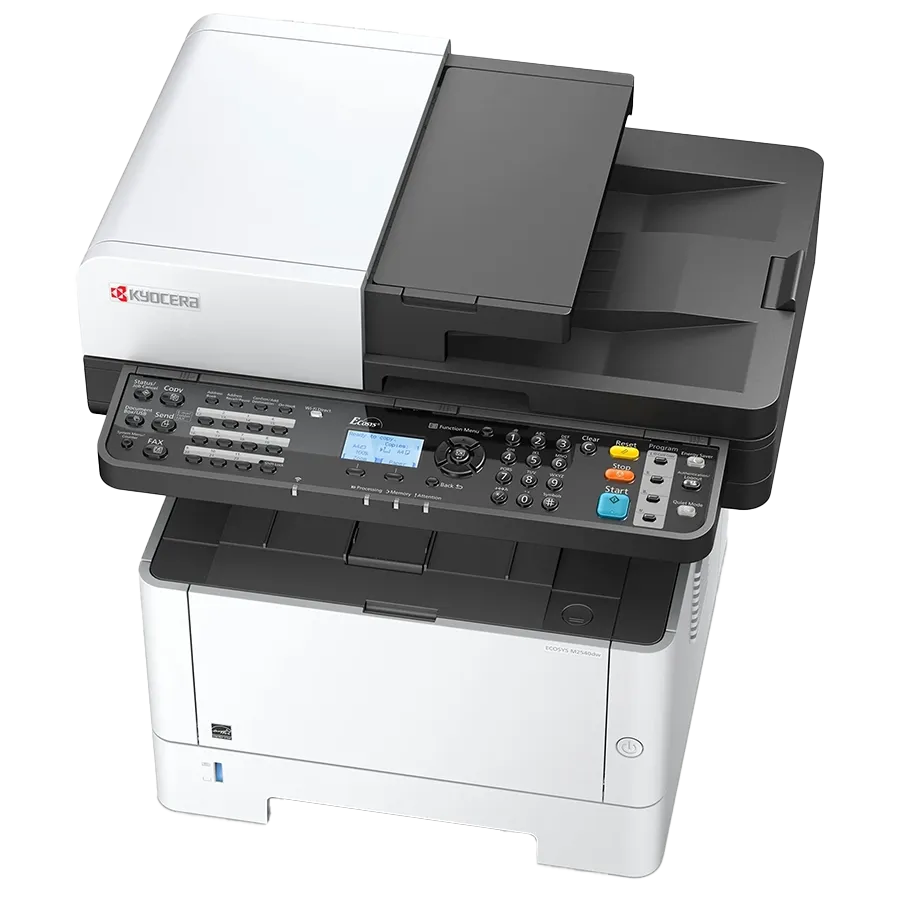 A sleek, white Kyocera ECOSYS PA4500X printer, showcasing its compact design. This best printer for home use is a quality printer that offers a simple, powerful solution for domestic printing needs.