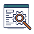 A line art icon showing a web browser window with a magnifying glass and a gear inside, representing a unified search function. This graphic is a brand icon for the Elevate Technology