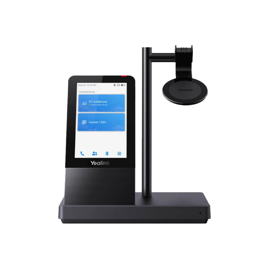 The best headset for office communication, the Yealink WH62, featuring a dual-ear design and a compact charging base.