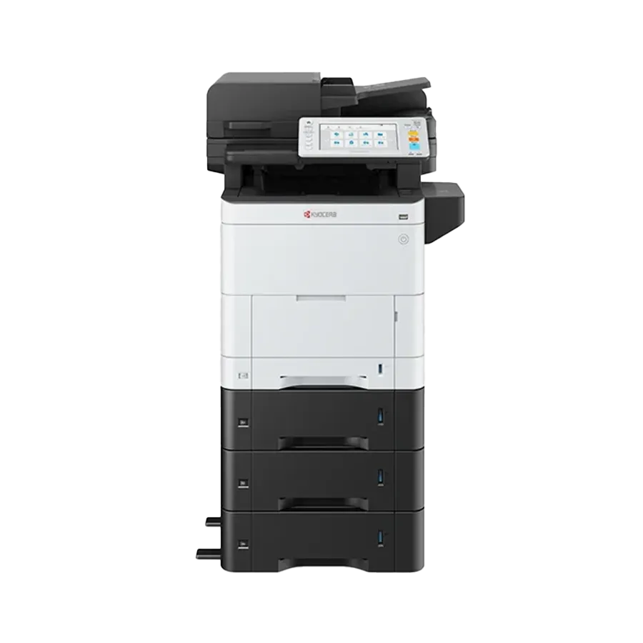 A full-height view of the Kyocera ECOSYS MA3500cifx. This professional all in one office printer is the best printer for small business, shown with multi-tiered paper trays for high-volume use.